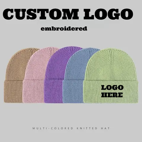 Custom Embroidered Logo Autumn and Winter Warm Thickened Knitted Hat for Men and Women Solid Color Ear Protection Beanie Cap