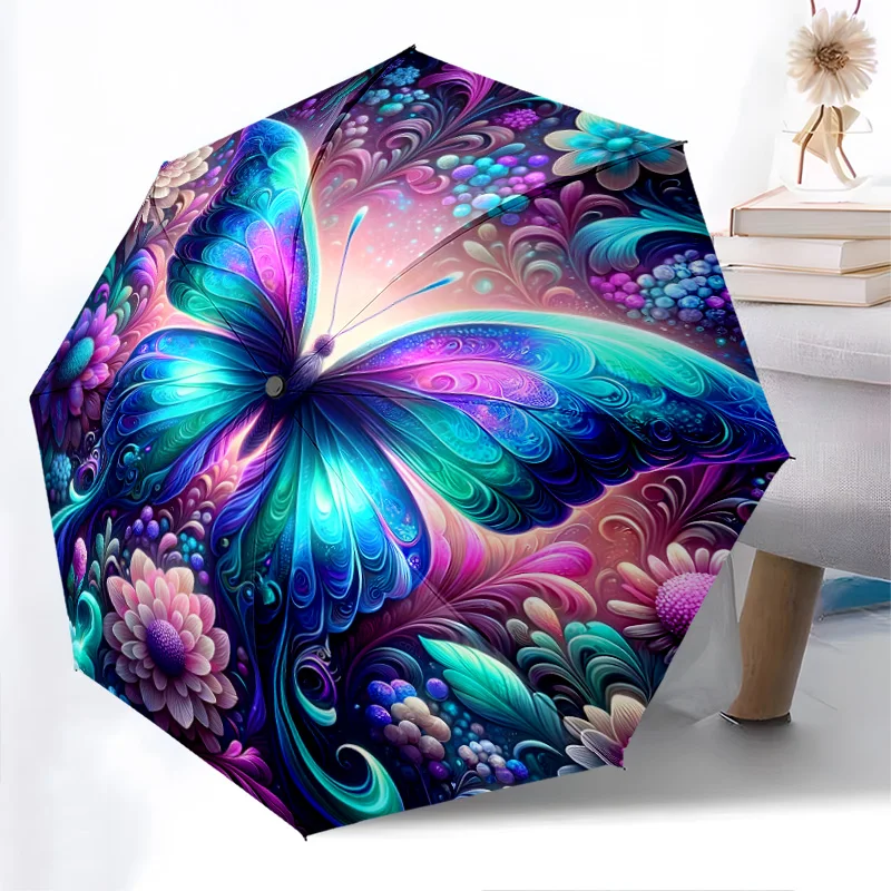 

Складной зонт мечтательной бабочки, модный дизайн с автоматическим открытием, 8, железные ребра, пластиковая ручка, складной солнцезащитный козырек, идеальные подарки