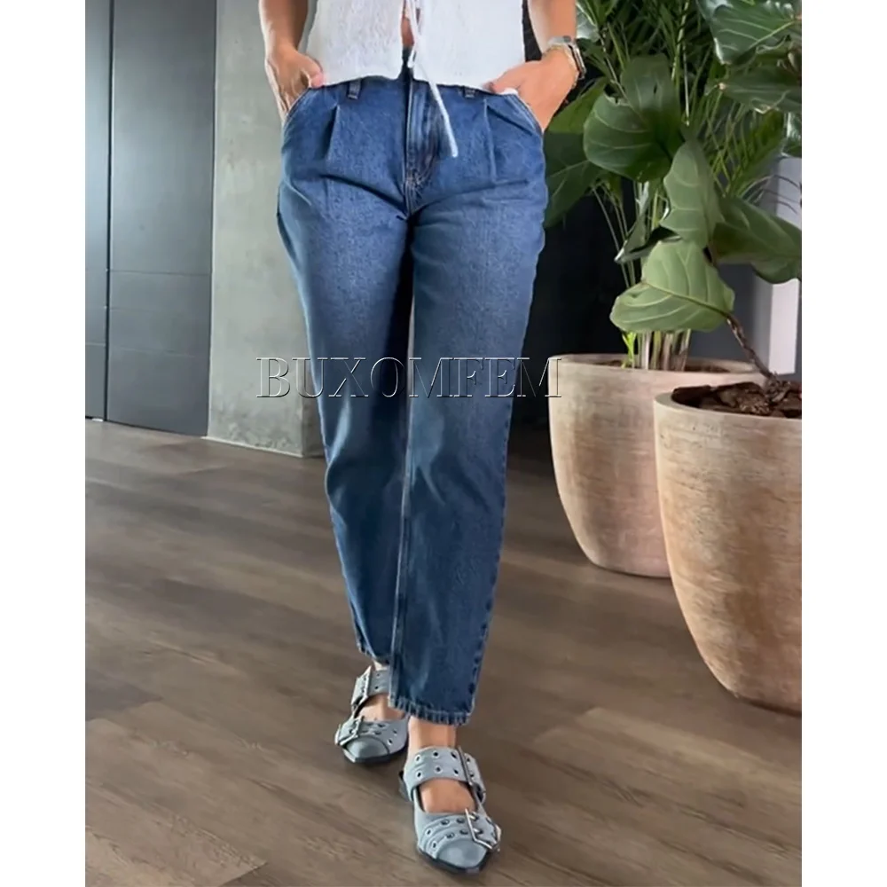 Calça jeans azul lavada para mulheres, cintura alta, perna reta, quadris envoltos, calça diária casual, nova calça elegante de outono, roupa de mulher, 2024