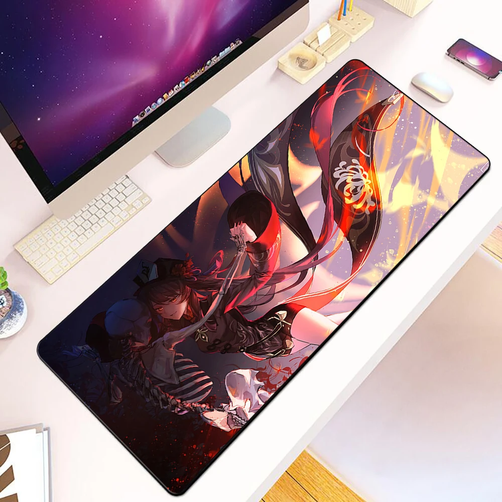 

Коврик для мыши с HD-печатью «Аниме-девушка Ху Тао», для геймеров, с фиксированными краями, нескользящий, XXL 90x40 см, для клавиатуры и ПК, настольный коврик