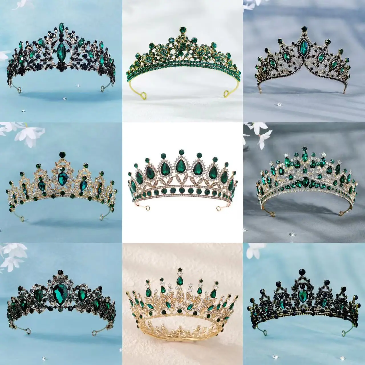 Green Crystal Tiaras and Crowns for Women Wedding Bridal Hair Accessories Baroque Vintage Rhinestone Head Jewelry Diadems