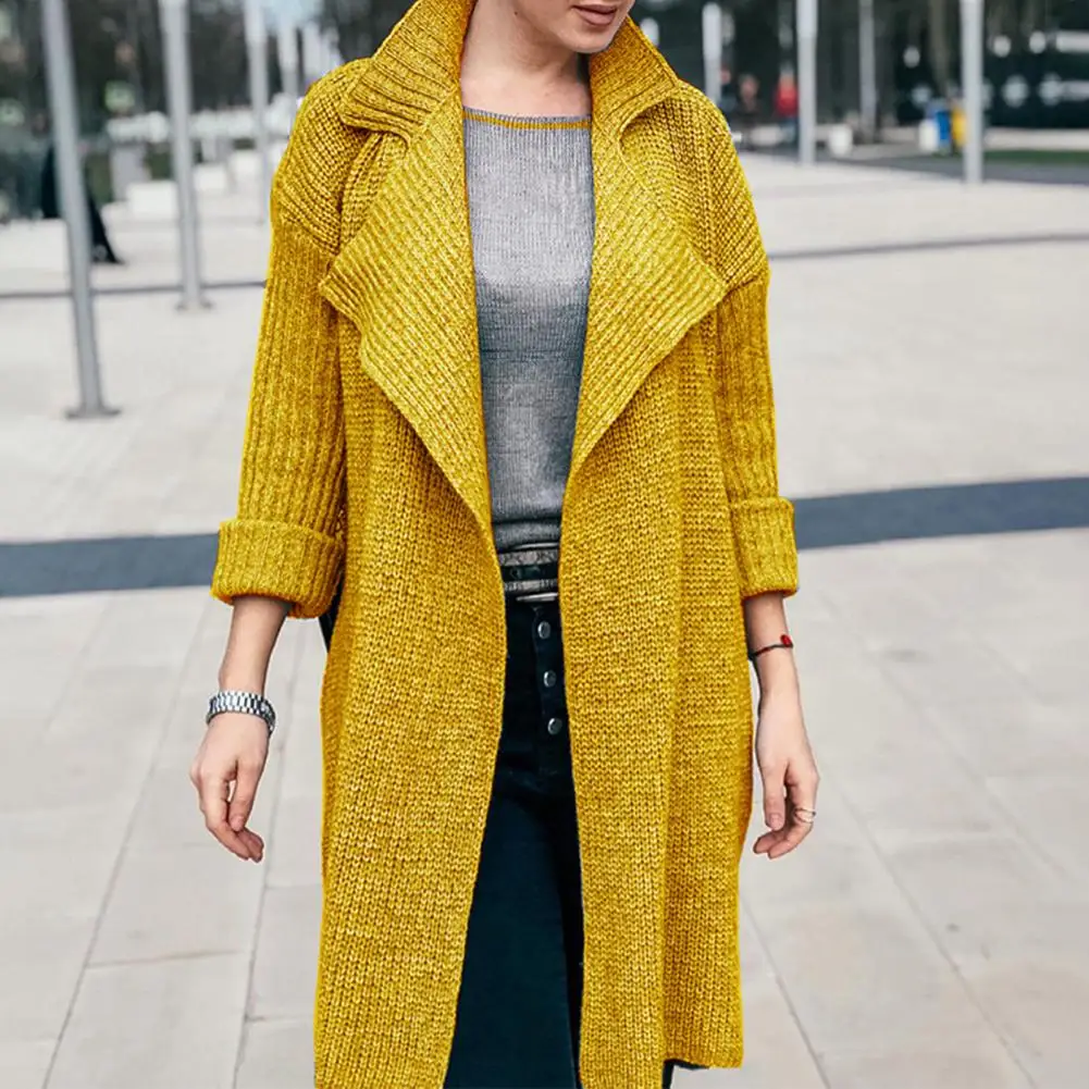 Women Trench Coat Overcoat Solid Lapel Long Sleeve Knitting Jacket Autumn Winter Mid Length Cardigan Windbreaker Streetwear