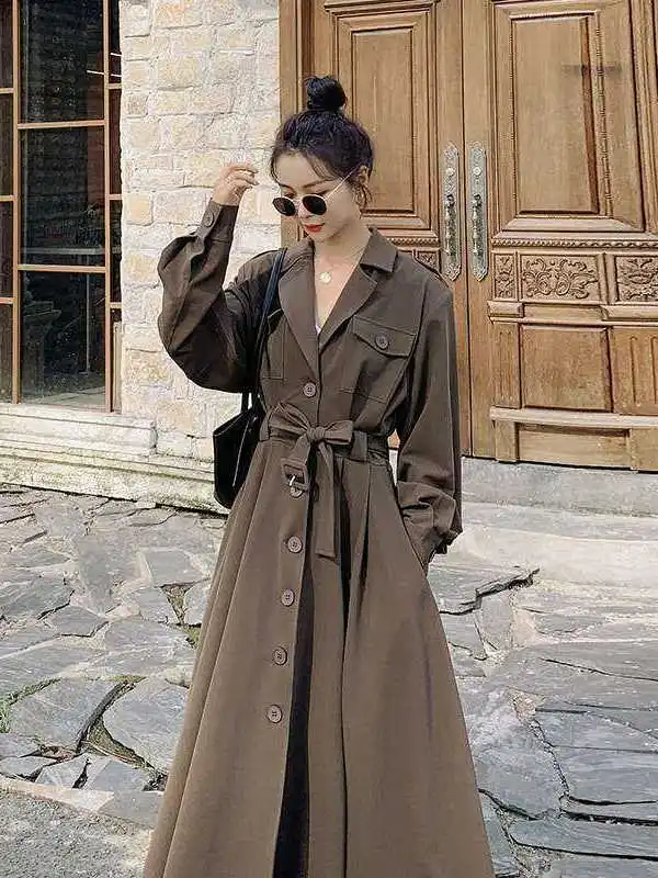 

Женская длинная ветровка Real ot для осеннего сезона, с высокой талией, широкой юбкой, для повседневной носки, базовая модель, 100% лен