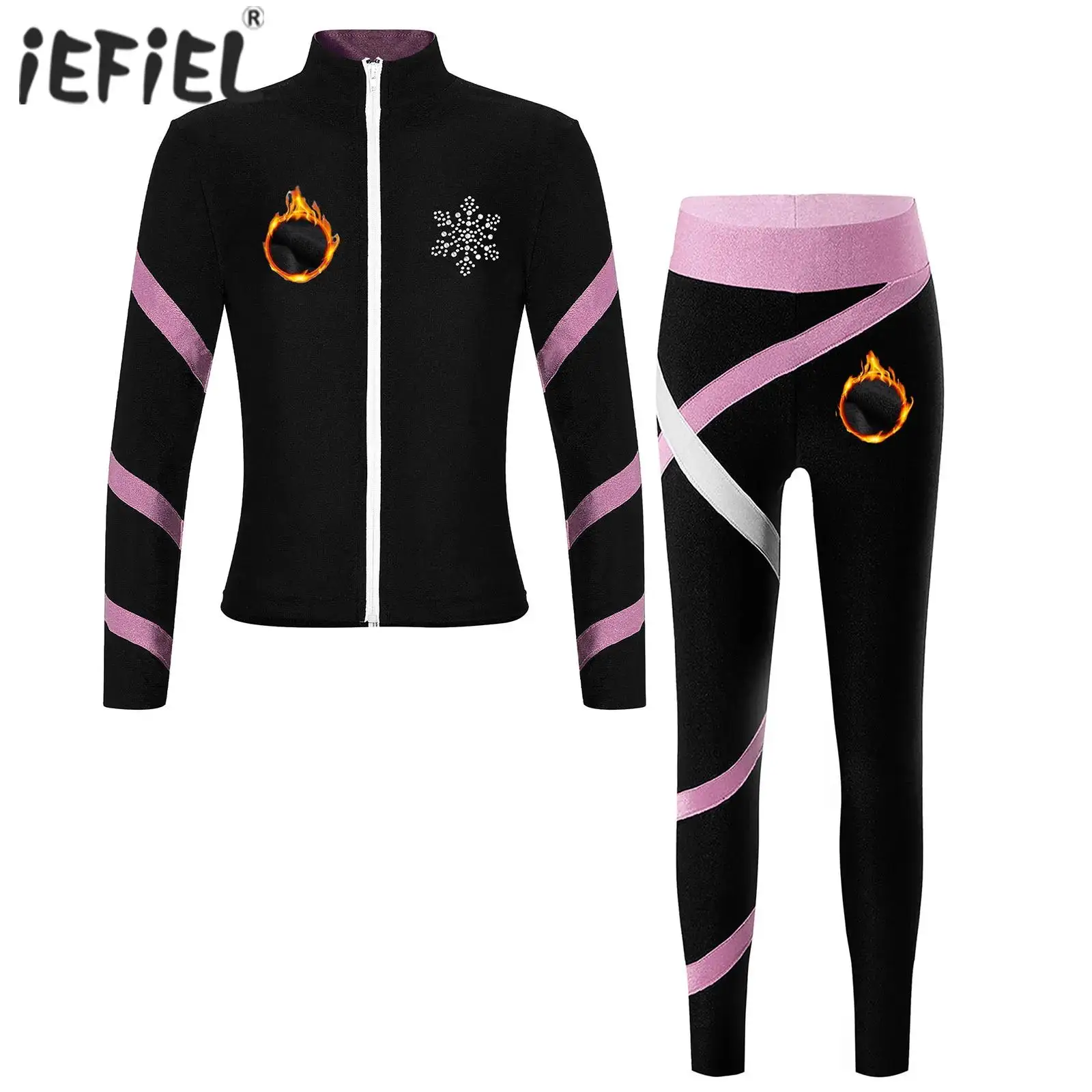 Kids Girls Sports Set Long Sleeve Fleece-Lined Jacket with Leggings Suit for Figure Skating Ballet Gymnastics Workout Dancewear