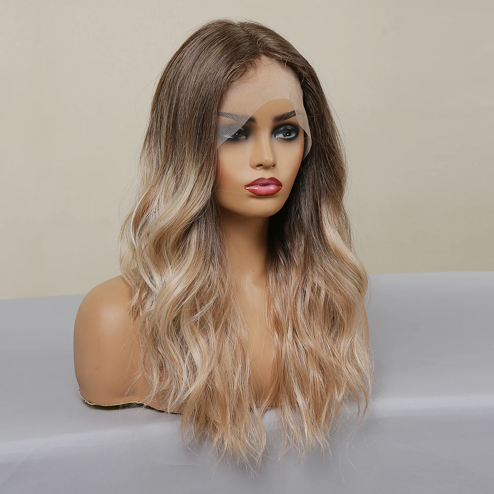 Long Blonde Brown Synthetic Lace Hair Wigs Mid-Length Wavy Highlight Ombre T-Part Lace Wig for Women Cosplay Heat Resistant Wig