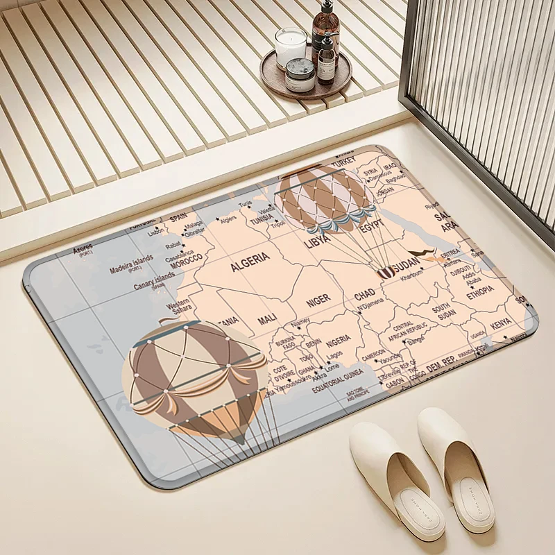 

Vintage Hot Air Balloon World Map Flannel Doormat Non-Slip Absorbent Soft Floor Mat for Entryway Bathroom Kitchen Home Decor