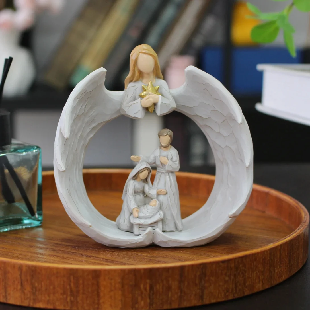 Angelic Guardianship Nativity Statue Resin Manger Group Figurines Jesus Christian Catholic Religious Home Christmas Decorations