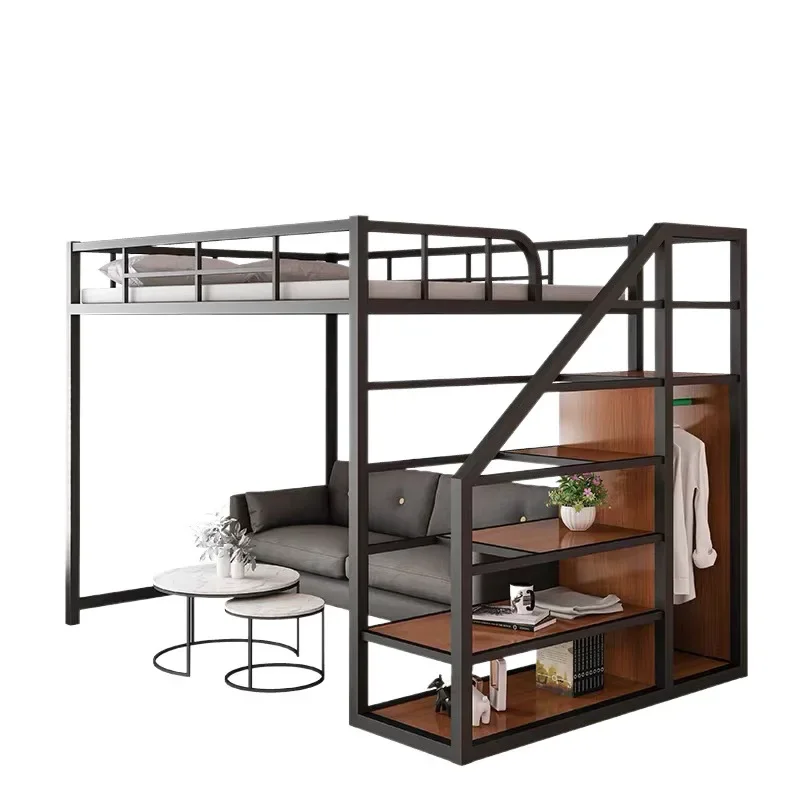 

Small apartment duplex upper bunk iron bed second floor loft double floor multi-functional wrought iron high and low saving