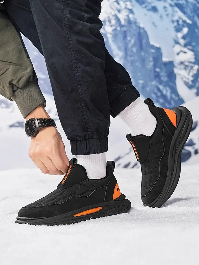 

Теплые хлопковые ботинки на флисовой подкладке для мужчин: зимние спортивные и повседневные снегоступы с круглым носком, противоскользящей подошвой из ПВХ и толстым каблуком.