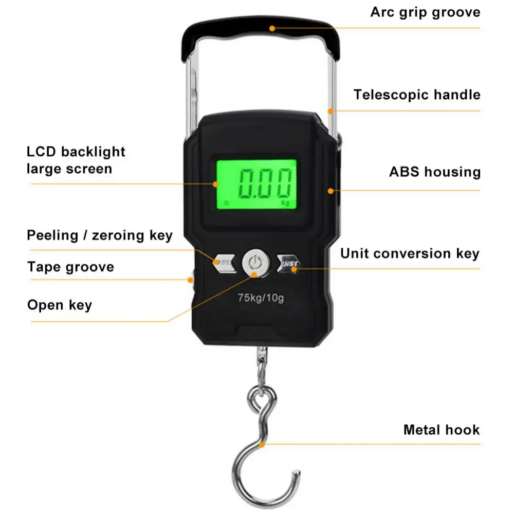 WeiHeng Portable Mini Digital Hand Held 75Kg 10g Fish Hook Hanging Scale Electronic Weighting Luggage Scale LED Display Balance