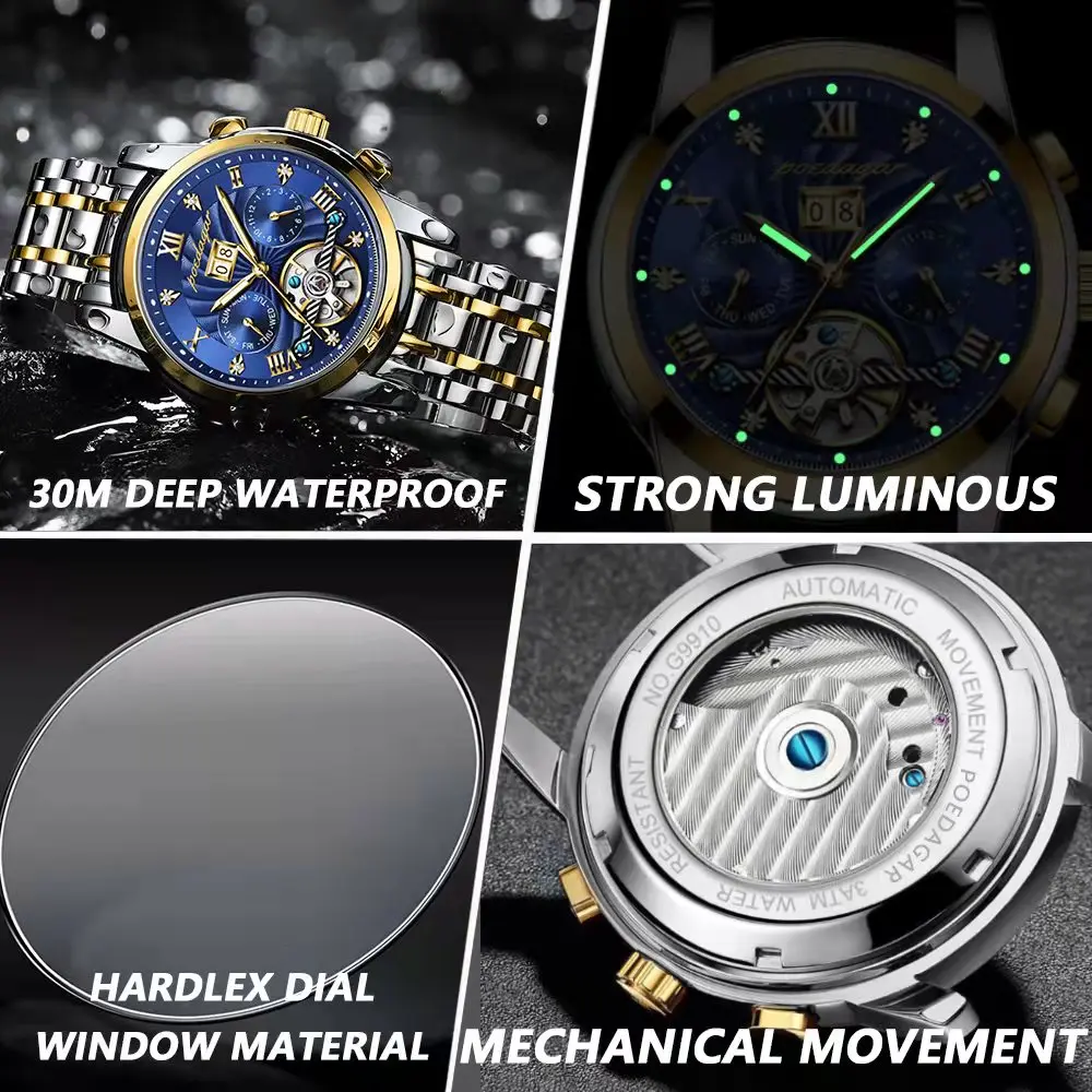 Poedagar automático mecânico tourbillon negócios relógio de pulso luxo oco à prova dwaterproof água aço inoxidável relógios masculinos relojes hombre