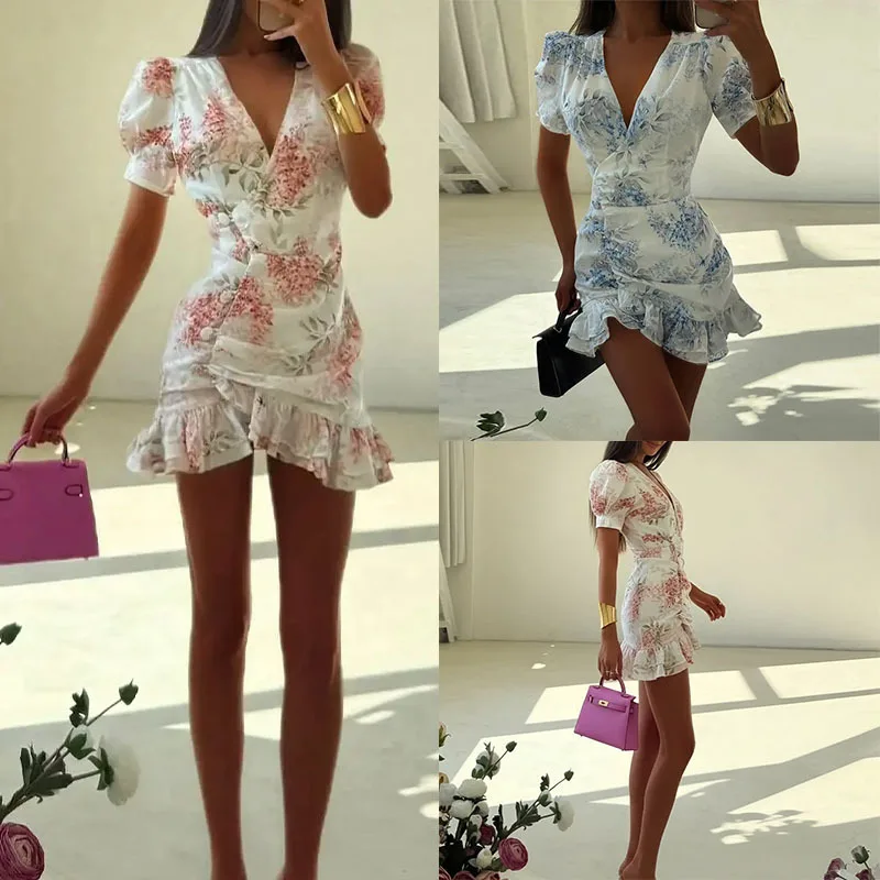 Vestidos Elegantes con Escote en V Profundo y Doble Capa con Volantes, Vestido Sexy con Estampado Floral y Volantes para Mujer, Vestido Ajustado 2026, Nuevo Vestido de Fiesta para Dama