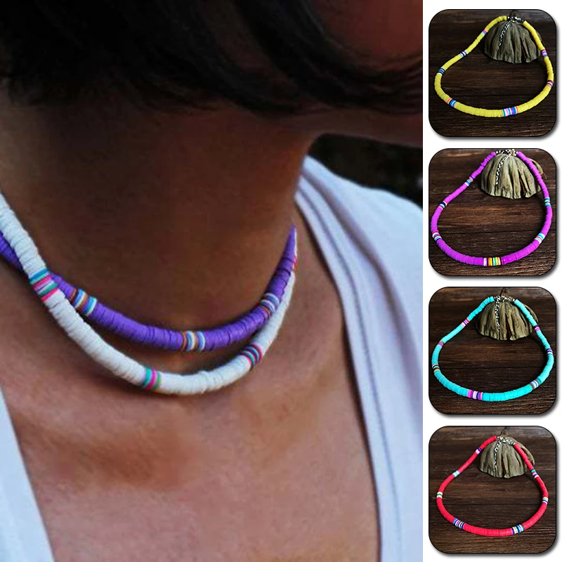 Boho Style Necklace Colorful Clay Beaded Choker Party Rainbow Polymer Clay Necklace Jewelry Gifts for Women Girls Adjustable