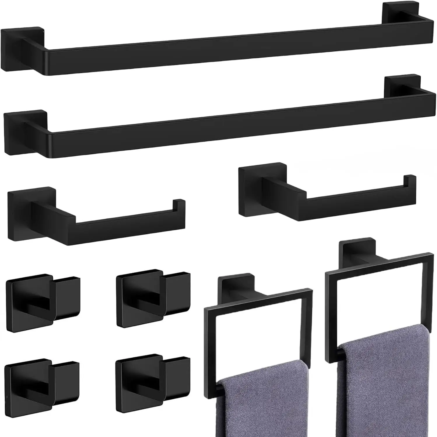 

10-Piece Matte Black Bathroom Set. Stainless Steel. 24" Towel Bar, Racks. Wall-Mounted.