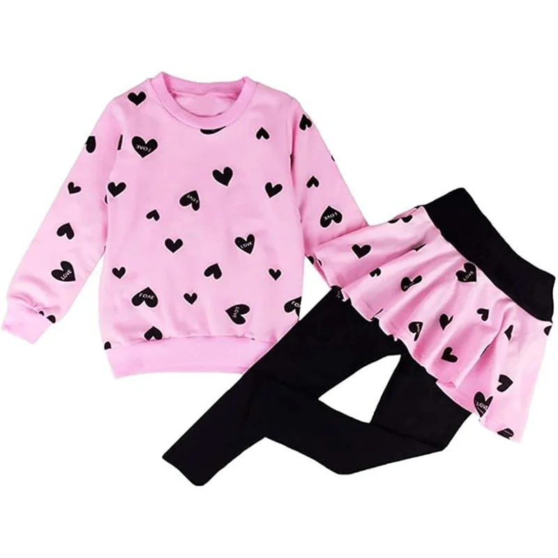 Little Hand Girls Valentines Outfit Heart Print Toddlers Sweatshirt Top Long Pantskirts 2pcs Pant Set for 2-10T Outside Clothing