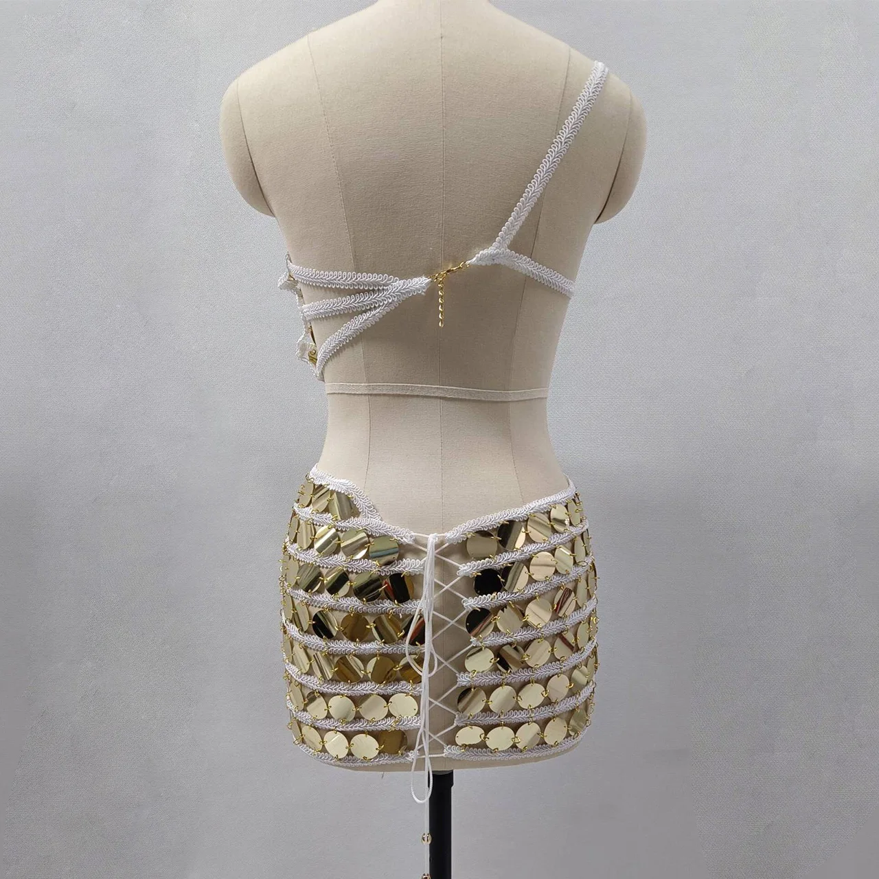 OFU 2PCS Sexy Gold Round Sequins by Handmade One Shoulder Top and Mini Skirts with Lace Up at Back Center in Black and White