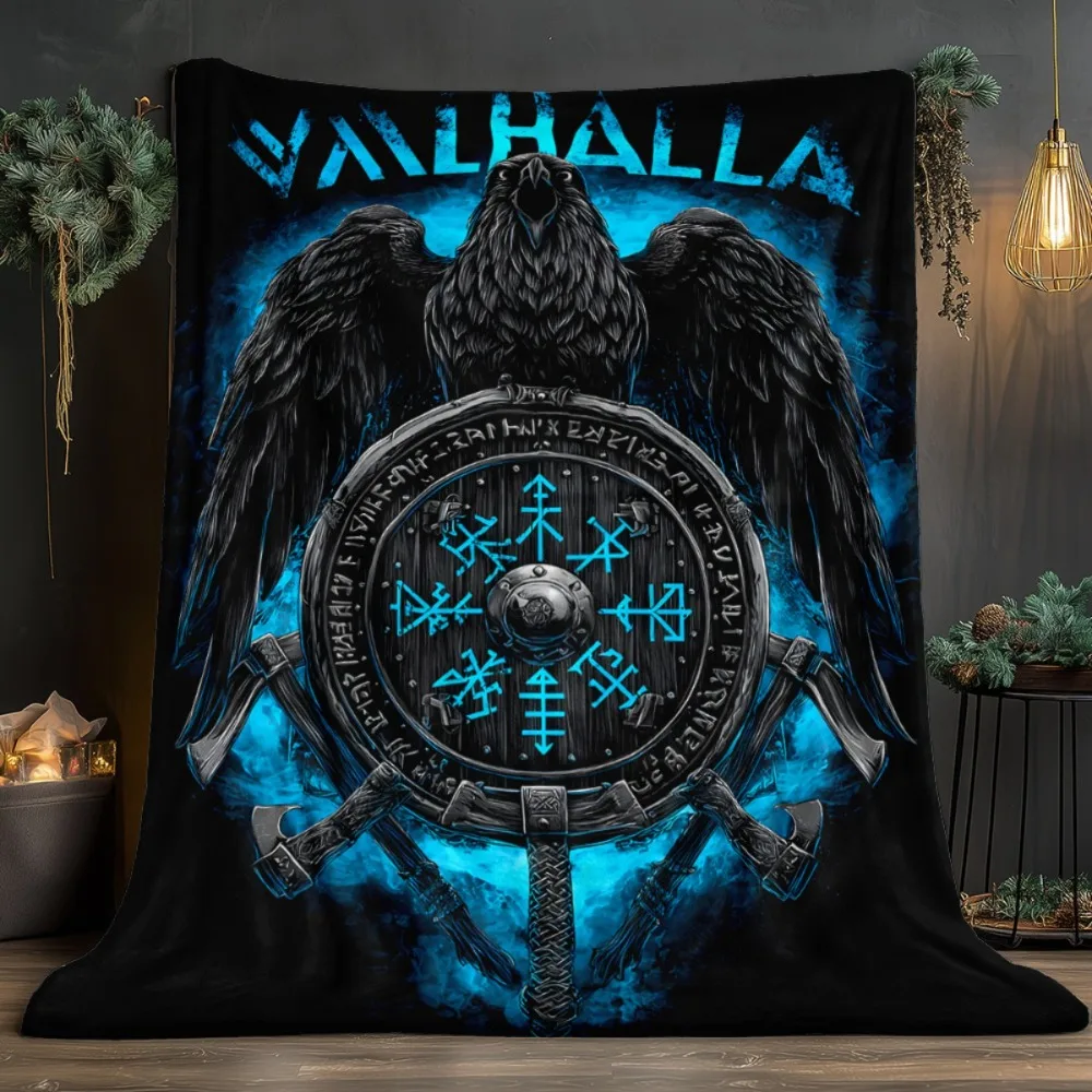 Viking Raven Valhalla Print Throw Blanket - Nordic Rune Mythical Motif Soft Lightweight Accent for Sofa Bed Travel Gift