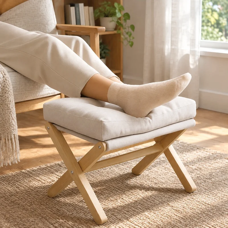 Compact Wooden Footstool with Plush Cotton Padding, Ideal for Living Room and Entrance Seating