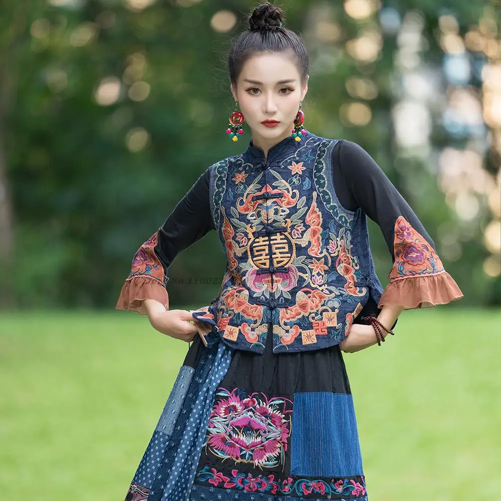 2024 cotton linen short stand collar sleeveless waistcoat flower embroidery chinese women vest traditional oriental ethnic coat