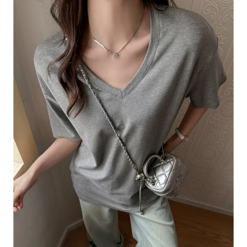 

V-neck Loose and Lazy Style Versatile Off-shoulder Short-sleeved T-shirt for Women, Slim Summer Hot Girl Top Trendy