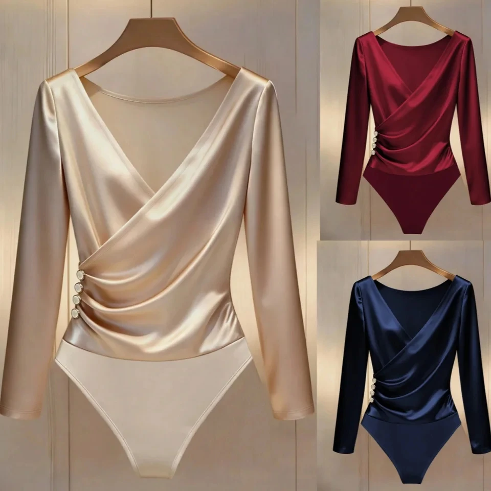 

2026 Spring New Elegant Design Fashion Versatile Women Fashion Satin Patchwork Long Sleeve V Neck Jumpsuit