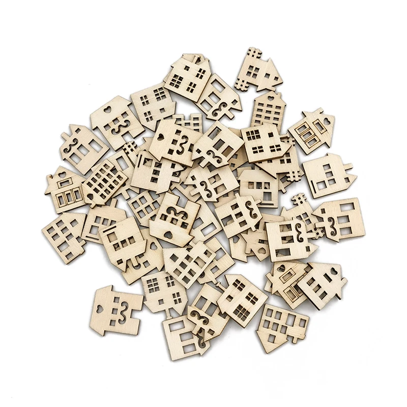 50pcs Unpainted Wood Slices for Boys and Girls DIY Crafts Blank House Shapes for Graffiti Projects Preschool and Art Activities