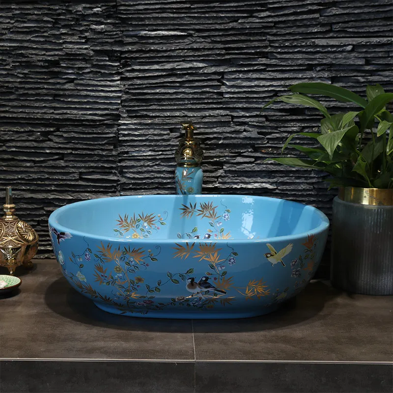 Blue desktop ceramic oval sink art ceramic base wash basin bathroom golden flower and bird pattern design