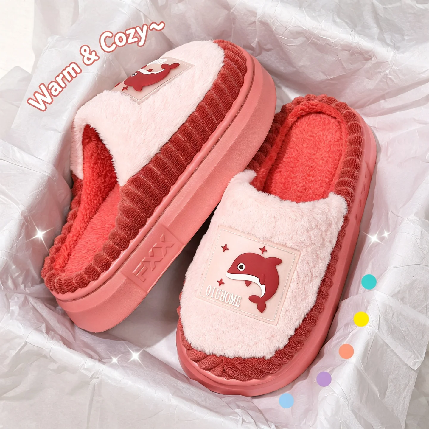 Winterwarme Hausschuhe für Damen und Herren, niedliche Wal-Cartoon-Plattformschuhe mit dickem Plüsch, rutschfeste, weiche EVA-Sohle, Indoor-Schlafzimmer-Slides, Mules – Detail 22