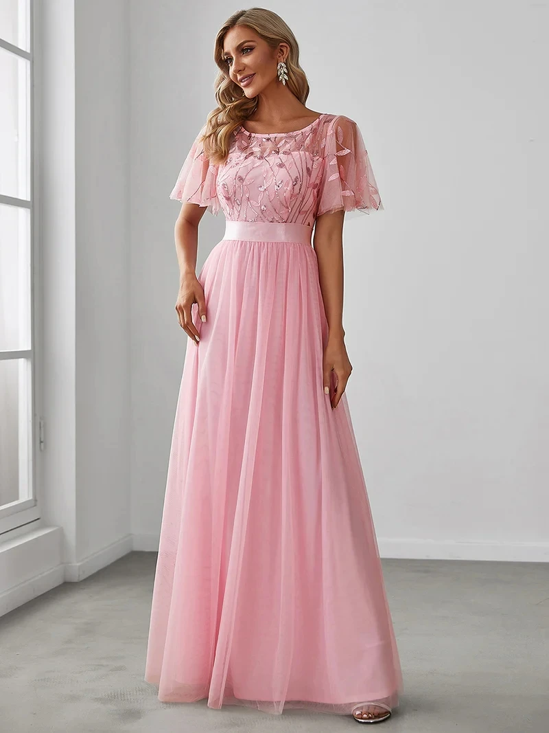 Elegante Abendkleider mit Pailletten-Print, Maxi-Länge, mit Flügelärmeln, A-Linie, Ever Pretty aus Gaze, Burnt Orange Brautjungfernkleid – Detail 10
