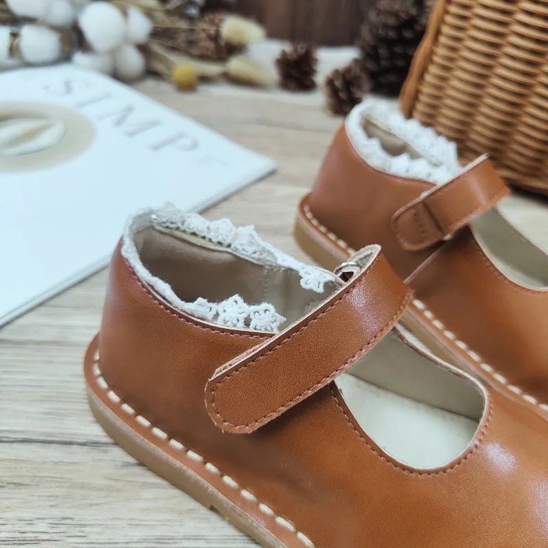 Meisjes Leren Schoenen 24 Lente En Zomer Nieuwe Handgemaakte Retro Ademende Leren Anti-Geur Prinses Enkele Schoenen Kinderschoenen