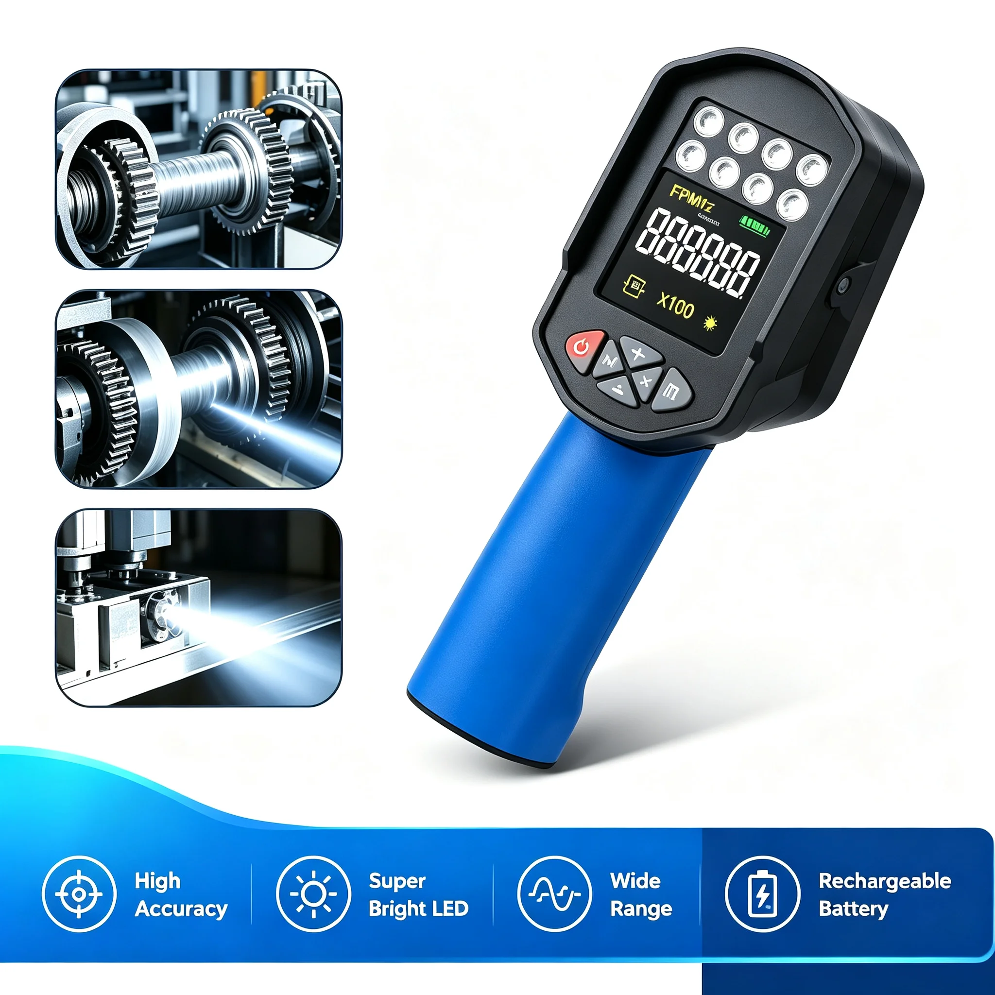 Digital LED Stroboscope Handheld Flash Tachometer 60-100K FPM Rechargeable Non-Contact RPM Meter for Motor Printing Machine