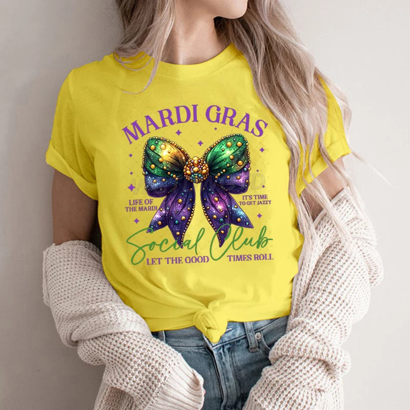 Mardi Gras Social Club Shirt Carnival Glitter Bow Cartoon Classic Tops Tees Fat Tuesday Coquette Bow Mardi Gras T-shirts Women