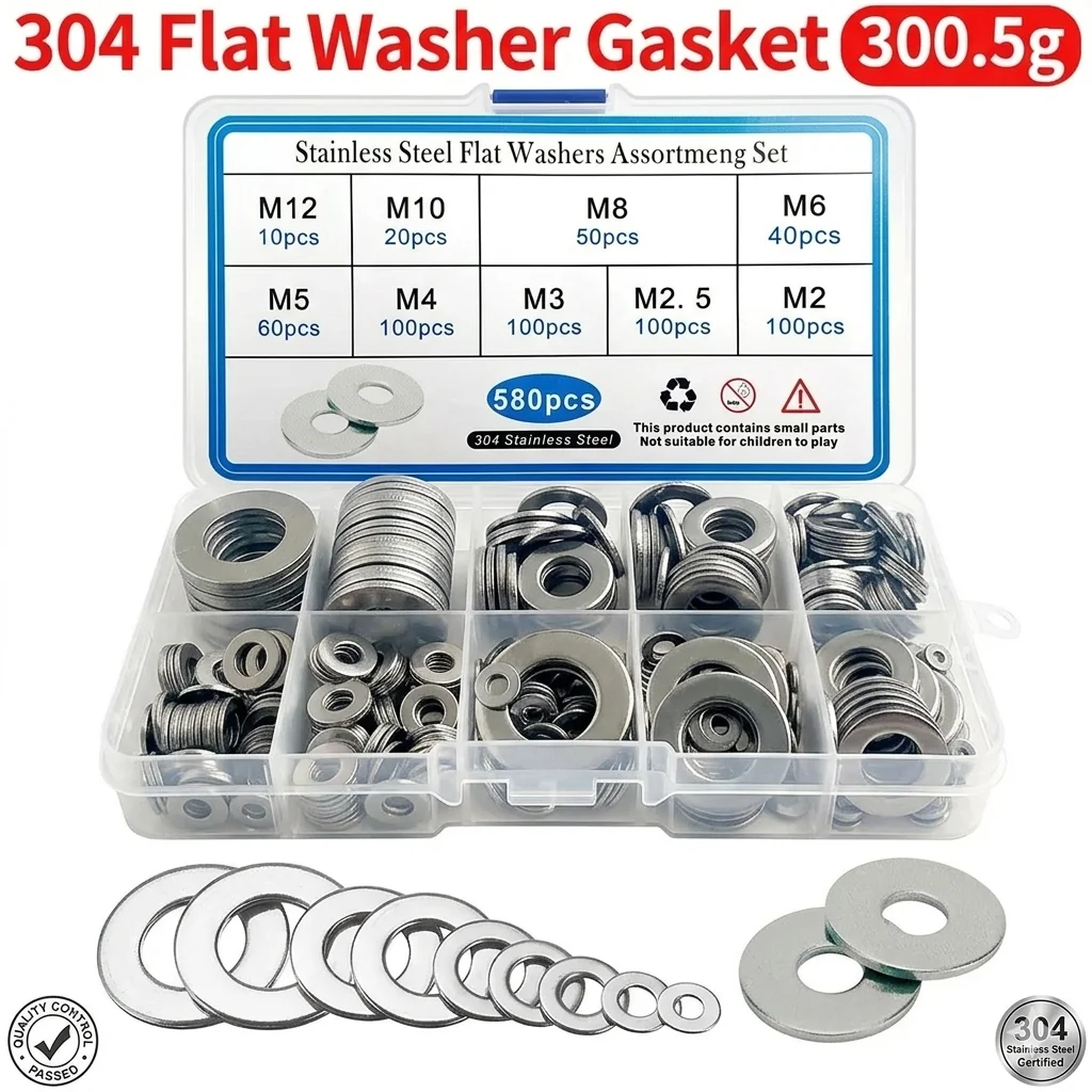 580PCS 304 Stainless Steel Flat Washer Set M2 M2.5 M3 M4 M5 M6 M8 M10 Metal Gasket Plain Washers Assortment Kit for Screws Bolts
