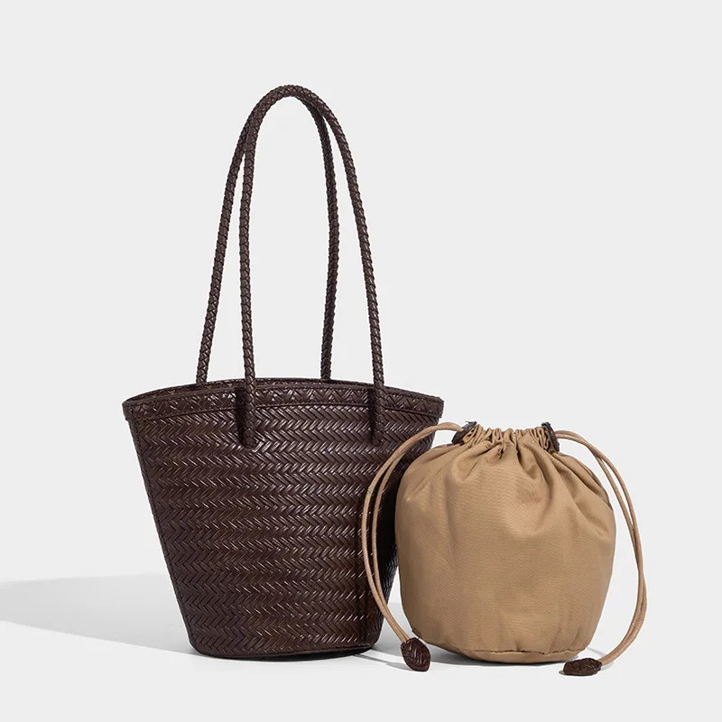 

Vintage PU Leather Tote Bag Top Quality Women Weave Basket Shopping Handbag Travelling Beach Hobos Shoulder Bags