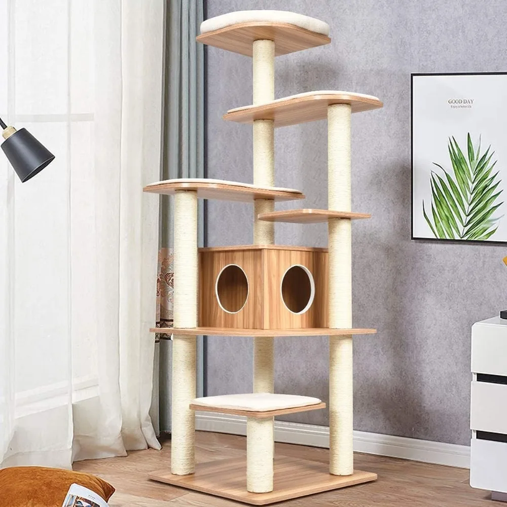 

Tall Cat Tree, 69-Inch Modern Cat Tower with Sisal Rope Scratching Posts, Wood Cats Tree with Multi-Layer Platform, Cats