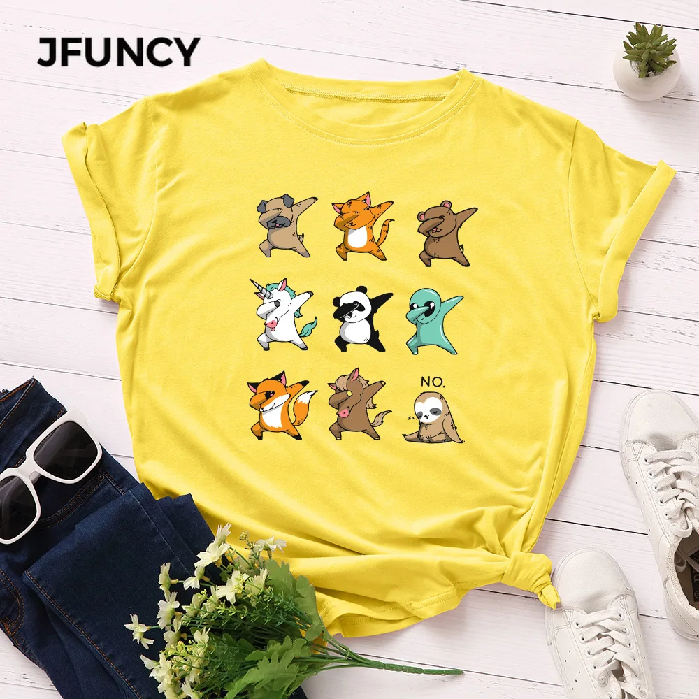 JFUNCY  100% Cotton Summer Tshirt Cartoon Animals Print Women T-Shirt Short Sleeve Woman Tee Tops Female T Shirt