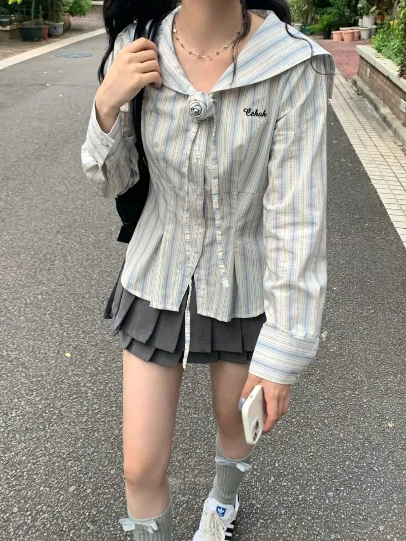 

Kawaii винтажные полосатые футболки женские корейские модные уличные костюмы в консервативном стиле с розовым украшением темно-синие футболки с воротником топы 2025 юбки