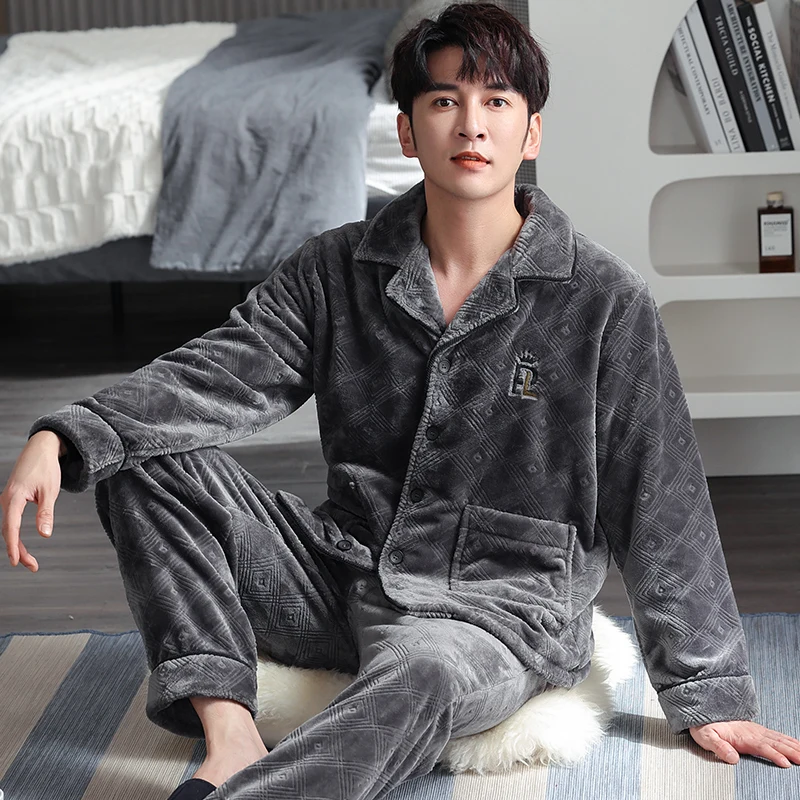 

Winter Pajamas Men Thick Coral Fleece Pajama Set Solid Warm Sleepwear Flannel Mens Pyjama Sets Turn-down Collar Pijama