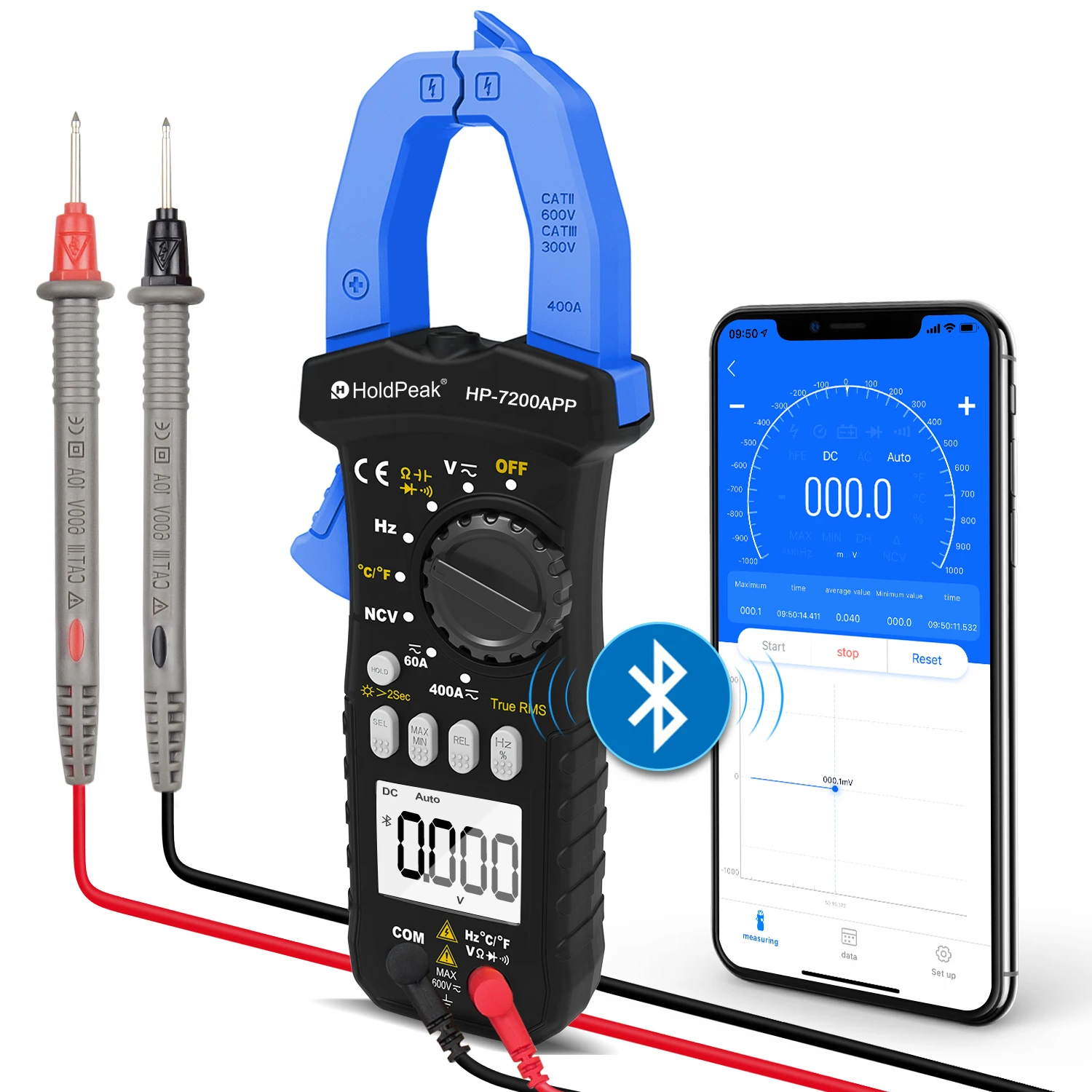 HoldPeak Auto Range Drahtloses Bluetooth-Zangenmessgerät, 6000 Zählungen, Bluetooth-Zangenmultimeter, DC/AC, True RMS, Kontinuität, Summermessgerät