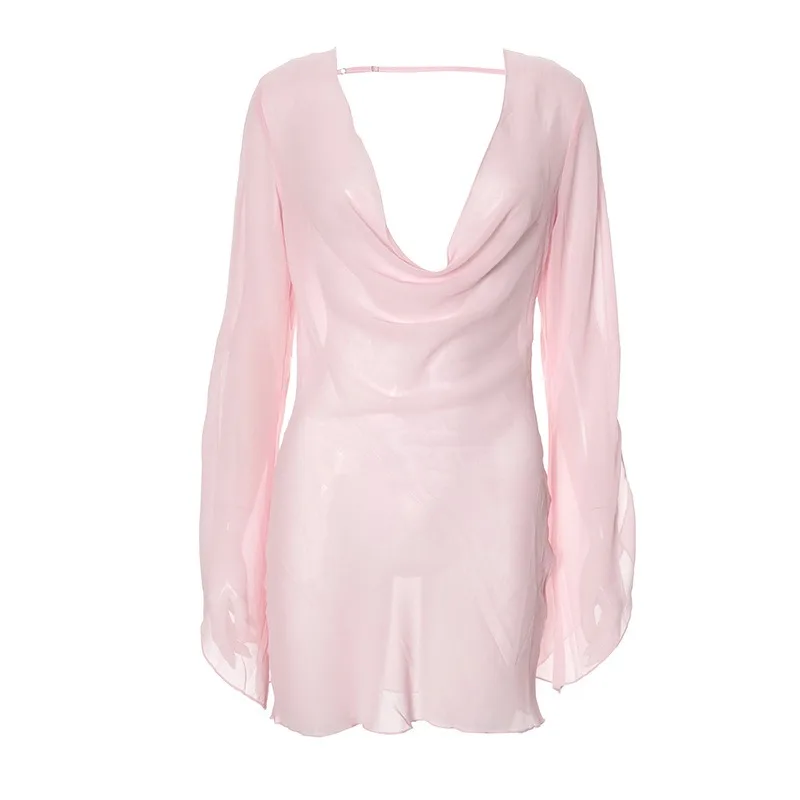 Printemps nouvelles femmes robes rose Sexy voir à travers dos nu poitrine basse Mini robe Streetwear mode à lacets manches longues dame robe