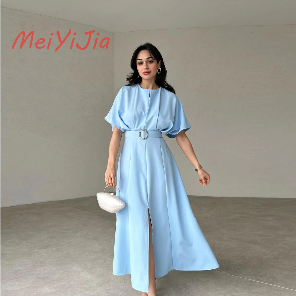 

Meiyijia O-Neck Ruffles A-Line Sash Short-Sleeves Ankle-Length robes de soirée فساتين سهرة Arabia 2024 Sexy Evening Dresses