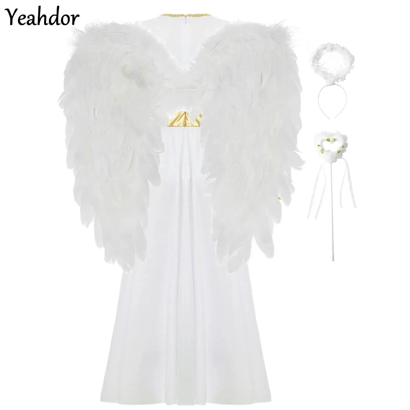 

4Pcs Girls Angel Cosplay Costume Greek Princess Dress with Feather Angel Wings Headband Fairy Sticks Halloween Performance Sets