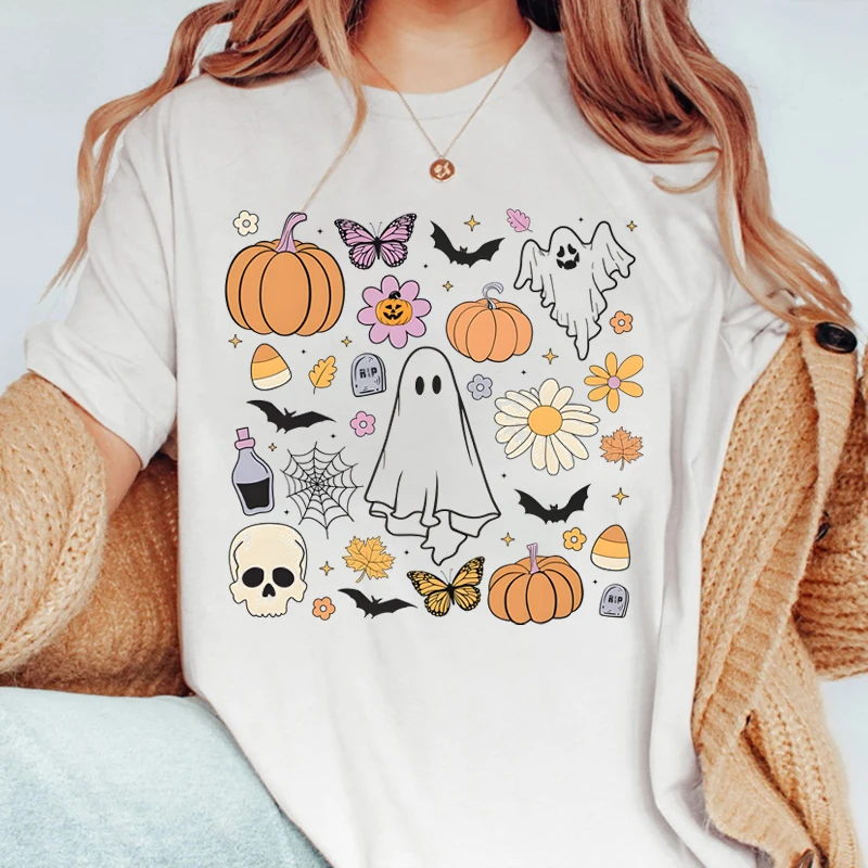 Ghost Print T-shirt, Halloween T-shirt, Short Sleeve Crew Neck Leisure T-shirt For Spring & Summer, Women's Clothing