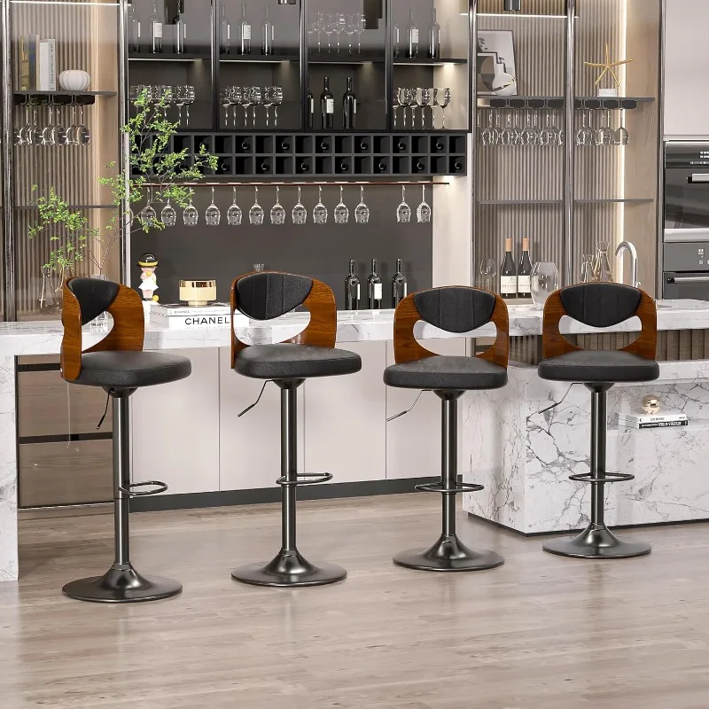 Set of 4,Adjustable Counter Height Stools with Bentwood Back,Armrest&Footrest,Swivel PU Leather Bar Chairs for Kitchen