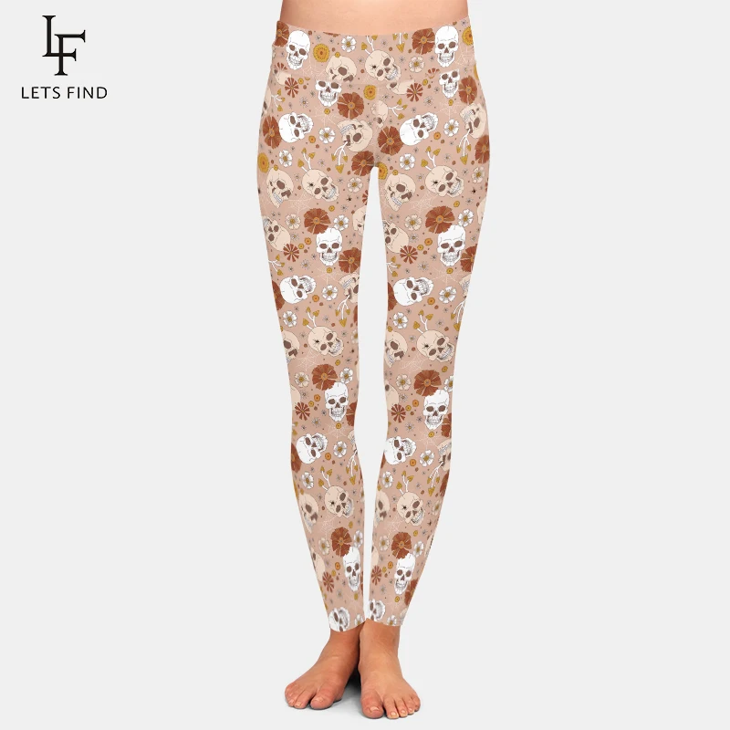 

LETSFIND Autumn 3D Halloween Scull Mushroom Floral Cobweb Print Women Fitness Fashion High Waist Sexy Slim Stretch Full Pant