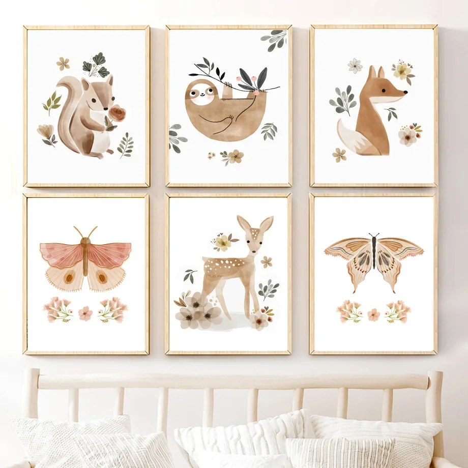 

Boho Animal Wall Art Canvas - Squirrel Sloth Fox Deer Butterfly Bear Elephant Prints Kids Room Decor Posters