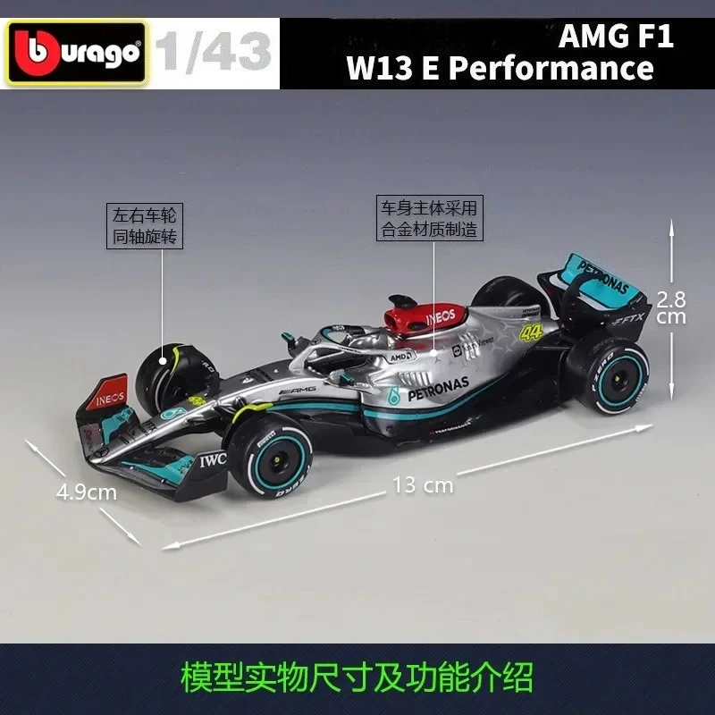Bburago 1:43 F1 Amg Team 2022 W13e W13 E # 44 # 63 سباق السيارات محاكاة سبيكة لعبة مجسمة دييكاست سبيكة نموذج سيارة تحصيل