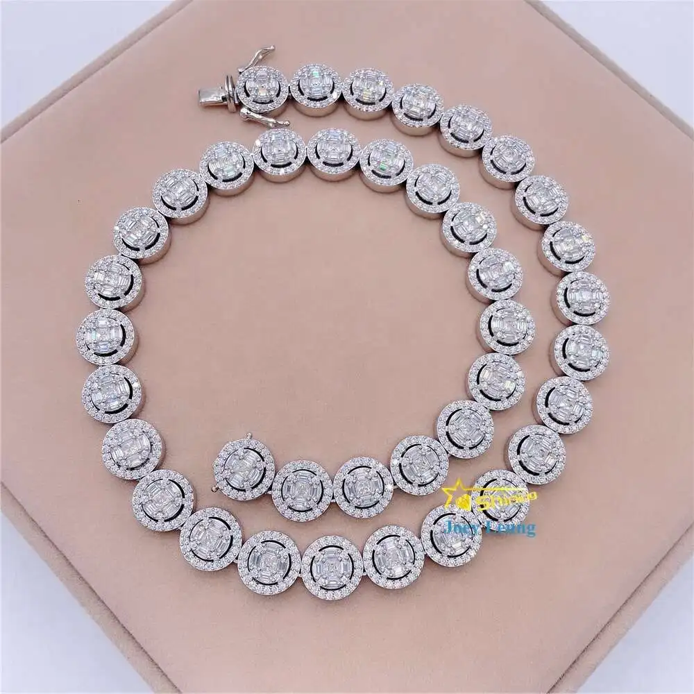 Hip Hop Jewelry 13mm Round Baguette Vvs Moissanite Diamond Iced Out Silver Cuban Link Chain Necklace