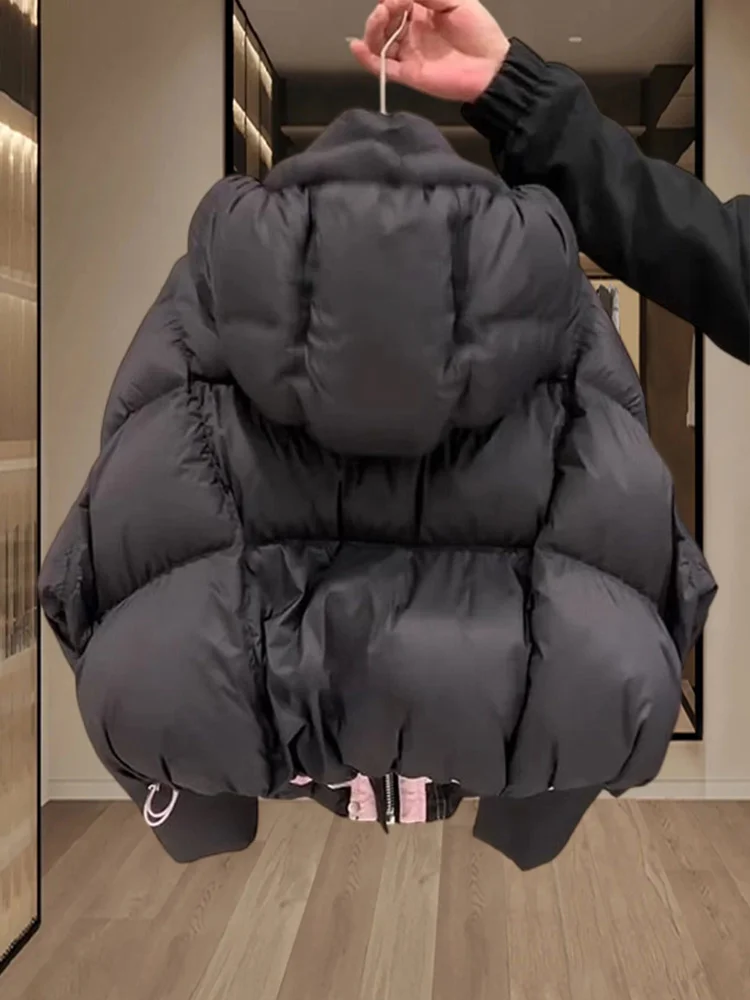 Women's Short Puffy Cotton Jacket Winter Thickened Warm Hooded Coat Fashionable Korean Style Commute Long Sleeve Zipper Pure ...