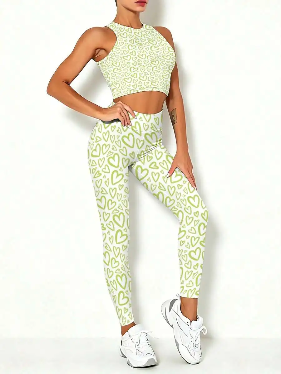 

Womens Y2K Heart Print Crop Top And Leggings Set Casual Slim Fit Yoga Wear